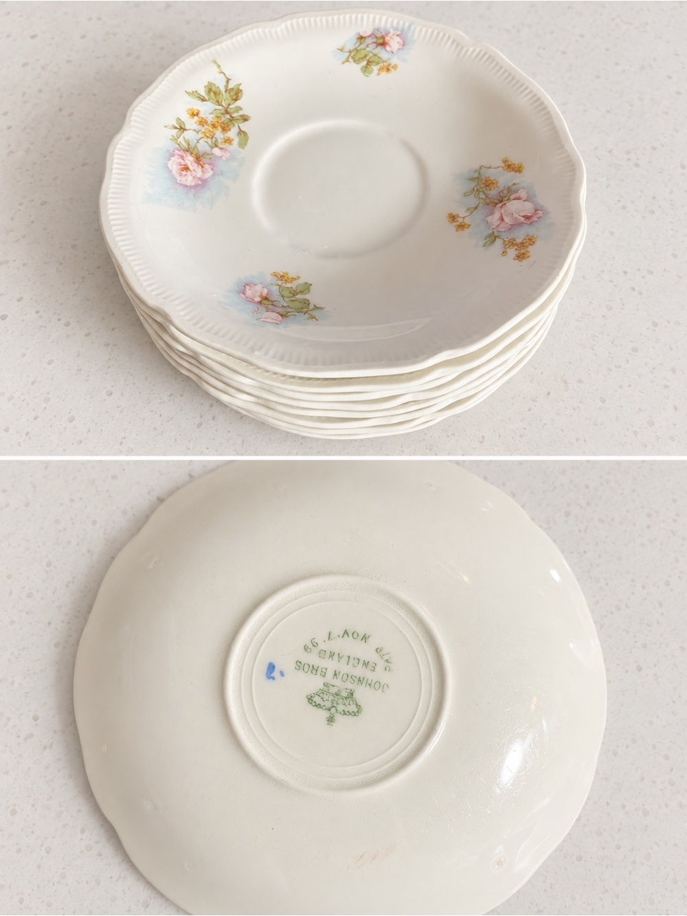 Antique Johnson Bros England Floral Rose Saucers Set of 10 Pat’d Nov 7 ’99
